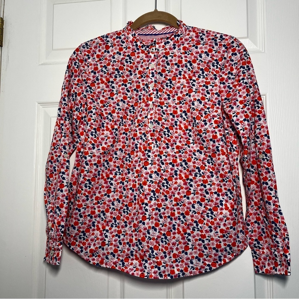 Talbots Red Pink Floral Ruffle Neck Popover Size Small Petite